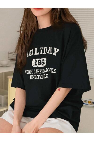 Benisengiydir Women's Black Holiday Printed Oversize Crew Neck Tshirt