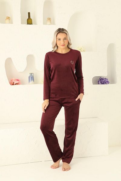 BIES Women's Claret Red Crew Neck Silky Velvet Pocketed Winter Pajama Set