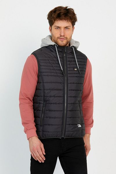 Wise Anthracite Men's Puffer Vest - Removable Hood, Combed Cotton Lined