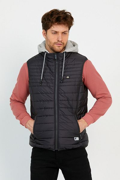 Wise Anthracite Men's Puffer Vest - Removable Hood, Combed Cotton Lined