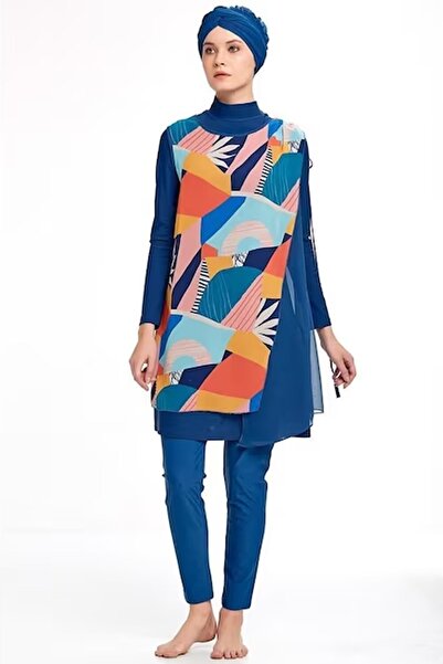 Adasea Γυναικείο μακρυμάνικο μαγιό με καλυμμένο σχέδιο Pareo 4360 ανοιχτό μπλε ναυτικό