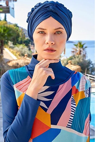 Adasea Γυναικείο μακρυμάνικο μαγιό με καλυμμένο σχέδιο Pareo 4360 ανοιχτό μπλε ναυτικό