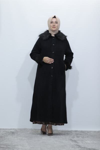 Zey&Ka Butik Furry Buttoned Steel Knitted Cashmere Coat