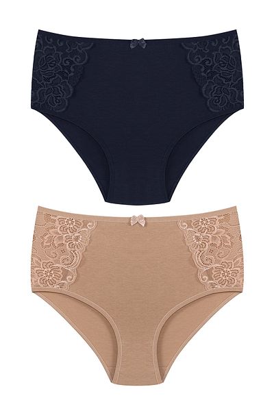 HNX 2-Piece Cotton High Waist Large Size Bato Women's Panties with Lace Detail on the Sides