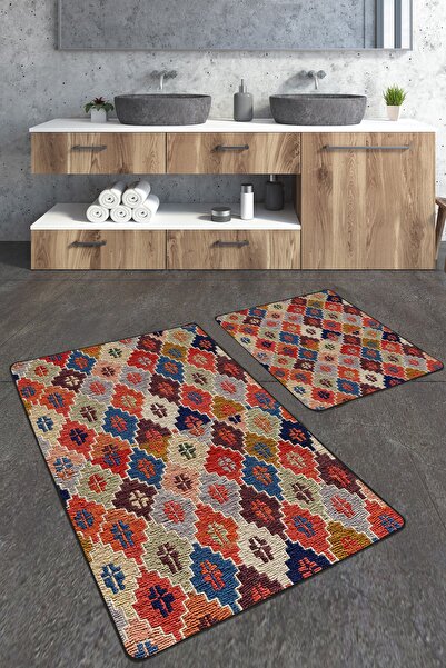Talia Home Turunculu Kilim Desenli  Büyük Boy Banyo Paspas Seti 2li