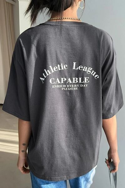 MODAGEN Women's Stone Gray Athletic League Back Printed Oversize T-shirt