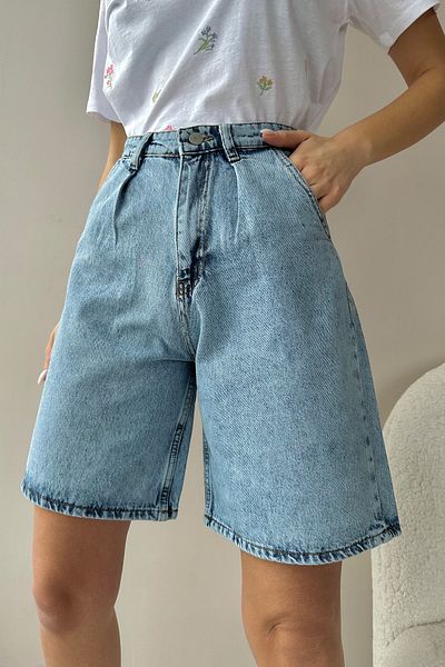 Trend Alaçatı Stili Női világoskék, magas derekú, széles szárú Bermuda farmer rövidnadrág ALC-X8174