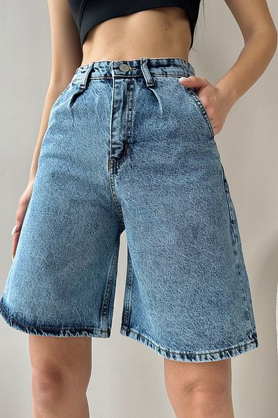 Trend Alaçatı Stili Pantaloni scurți din denim Bermude cu talie înaltă albastru închis pentru femei ALC-X8174