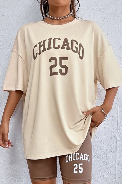 MODAGEN Μπλουζάκι Unisex Beige Oversize Chicago Printed