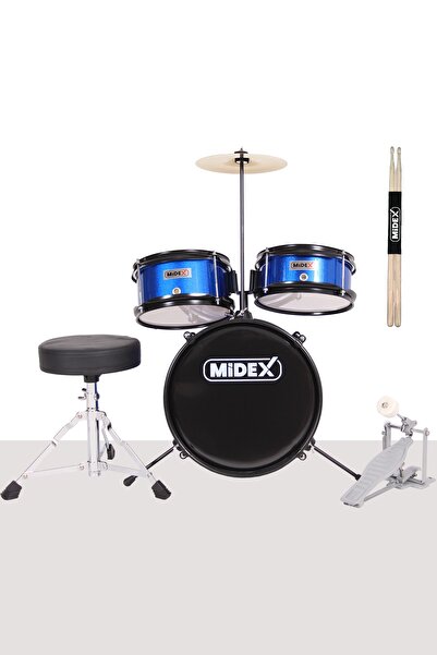 Midex Cd300x-blue Akustik Junior Çocuk Baterisi Davulu 5-14 Yaş Için Full Set