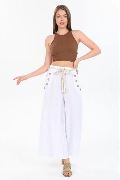 AYASOFYA OTANTIK Women's Italian White Button Detailed Belted Wide Leg Loose Linen Trousers