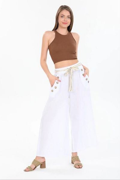 AYASOFYA OTANTIK Women's Italian White Button Detailed Belted Wide Leg Loose Linen Trousers