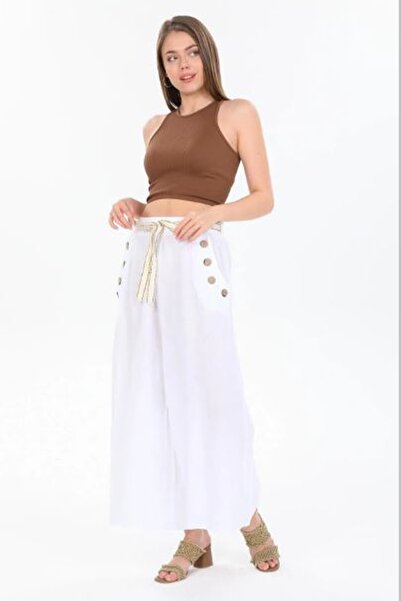 AYASOFYA OTANTIK Жіночі італійські білі штани з деталями на поясі, широкими штанинами та ременем