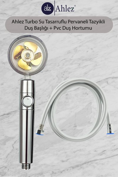 Ahlez Turbo Pervaneli Duş Başlığı + Pvc Duş Hortumu Duş Takımı Duş Seti