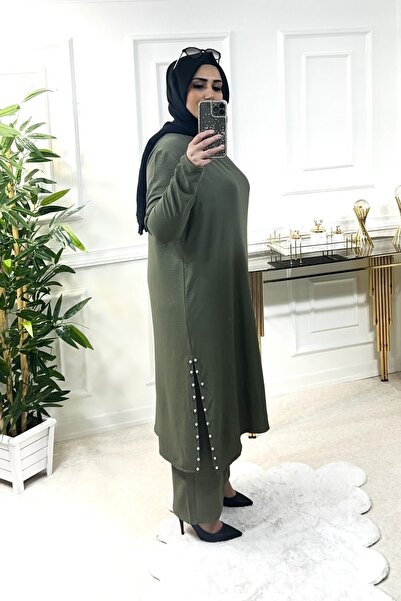 Aşkı Endam طقم لؤلؤي كبير الحجم بفتحات جانبية - كاكي