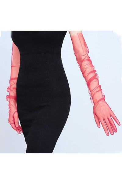 Hayalperest boncuk Kırmızı Uzun Tül Eldiven Gelin Kına Kostüm Eldiveni Tül Eldiven