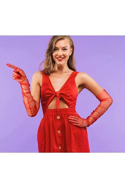 Hayalperest boncuk Mănuși din tul roșu pentru costumul Edliven Mănuși din tul cu design special