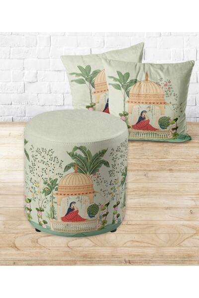 Armi Puf Seyrü Sefa Desenli Yuvarlak Puf+2 Kırlent Kılıfı