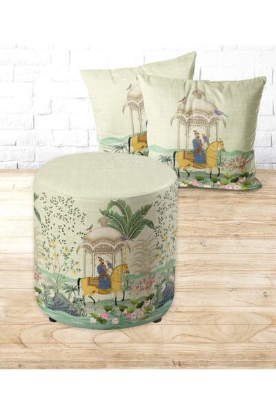 Armi Puf Şah Cihan Desenli Yuvarlak Puf+2 Kırlent Kılıfı