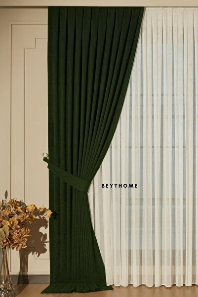 Beythome Çimen Yeşişli Soft Kadife Fon Perde - Pileli Tek Kanat X 2,5 Sık Pile