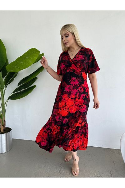 LİKRA Rochie de dama marime plus - guler dublu, fusta cu volane, vascoza elastica