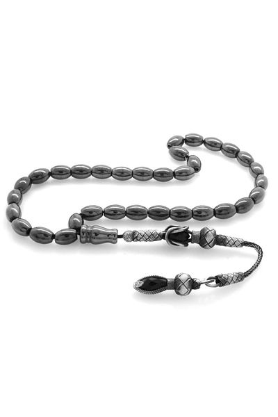 Tesbihane 1000 Sterling Silver Kazaz Tasseled Barley Cut Hematite Natural Stone Rosary