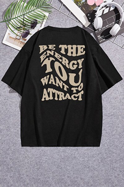 FUWEAR Tricou negru din bumbac, supradimensionat, cu decolteu rotund și desig...