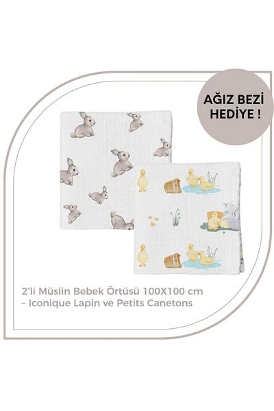 DEUX LAPINS 100X100 cm Iconic Lapin and Duck Patterned 2-Piece Muslin Baby Blanket - 100% Cotton