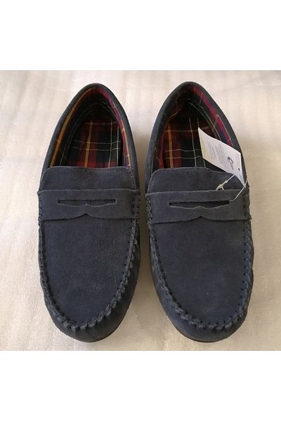 Butik Tülin Unisex Genuine Leather Suede Navy Blue Banded Hand Stitched Very Soft Thin Flexible Stitched Rubber Sole Loafer