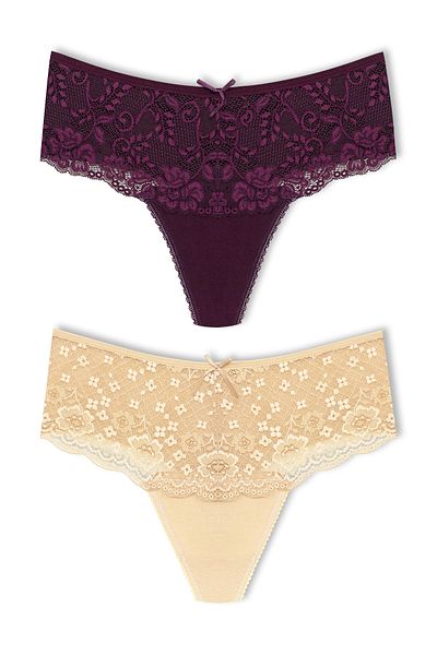 HNX 2-Piece Cotton Lace Front High Waist Large Size Thong Women's Panties