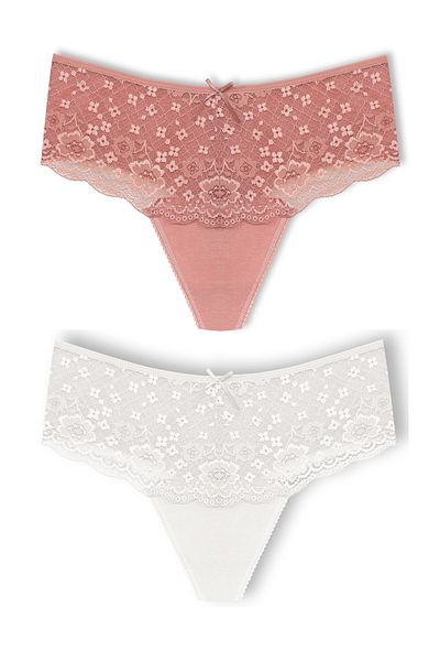 HNX 2-Piece Cotton Lace Front High Waist Large Size Thong Women's Panties