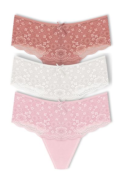HNX 3-Piece Cotton Lace Front High Waist Large Size Thong Women's Panties