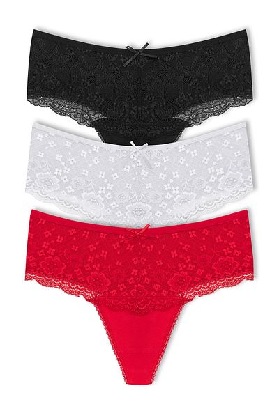 HNX 3-Piece Cotton Lace Front High Waist Large Size Thong Women's Panties