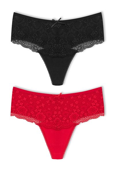 HNX 2-Piece Cotton Lace Front High Waist Large Size Thong Women's Panties