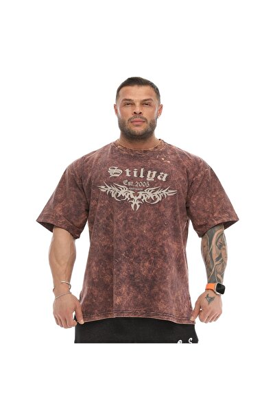 Stilya Tricou maro pentru bărbați, cu aspect vintage, spălat cu acid