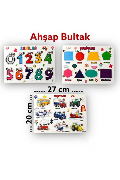 Kiri Ahşap Eğitici Öğretici Yapboz Bul Tak 3 Lü Set Sayılar, Şekiller, Taşıtlar