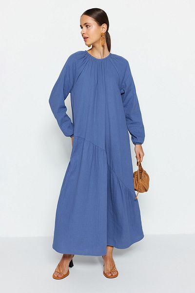 Trendyol Modest Rochie țesută, căptușită, cu detaliu Indigo Gather, 100% bumbac, muselină, cu potrivire largă TCTSS23EB00285