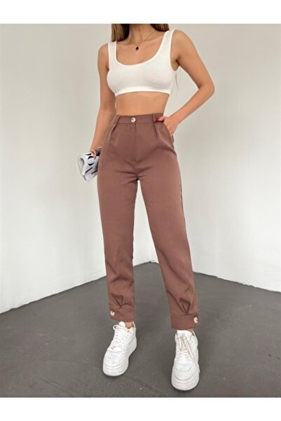 Mekafashion Paça Düğmeli Pantolon 22359 Acı Kahve
