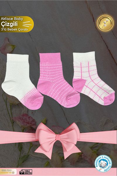 Akface 3 Pairs Striped Patterned Pink Girl Newborn Baby Socks 3-Piece