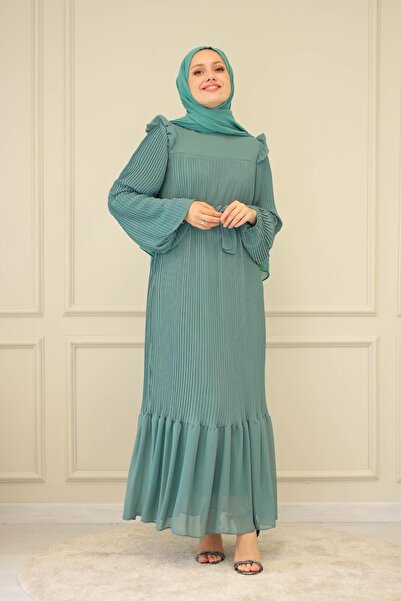 meqlife Polyanna Piliseli Ve Omuzları Fırfır Detaylı Tesettür Elbise Su Yeşili