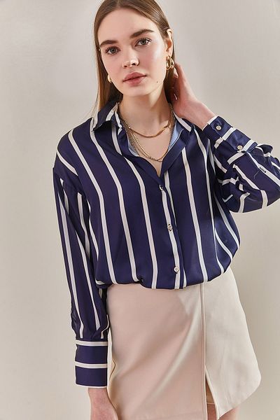 Bianco Lucci Women's Cuff Sleeve Striped Satin Shirt