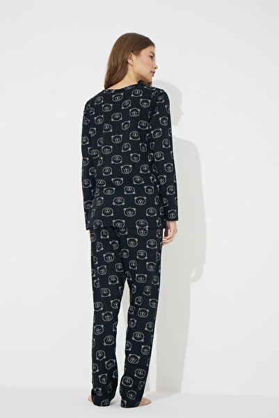 Siyah İnci Siyah Ayıcık Desenli Pamuklu Pijama Takımı