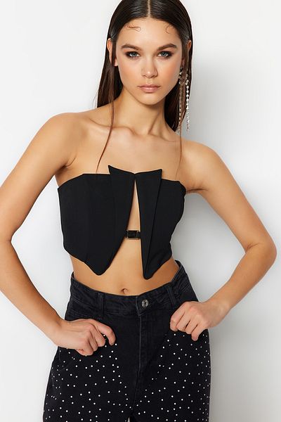 Trendyol Collection Black Crop Lined Bustier szőtt kiegészítőkkel TPRSS23BS00049