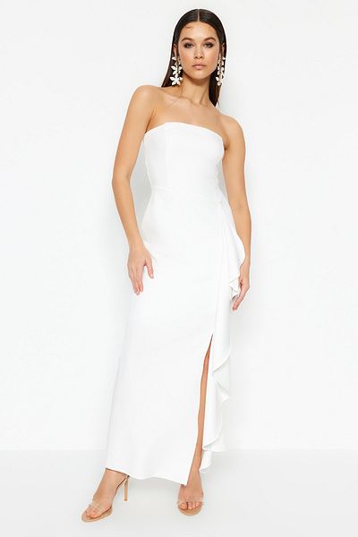 Trendyol Collection Νυφικό υφασμένο με επένδυση εκρού/Nikah μακρύ βραδινό φόρεμα TPRSS23AE00132