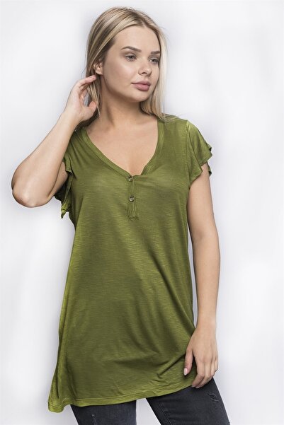 Miss Murem V-Neck Buttoned Blouse - Green