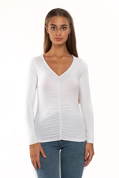 Miss Murem V-Neck Gathered Front Stripe Blouse-white