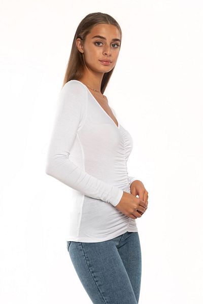 Miss Murem V-Neck Gathered Front Stripe Blouse-white