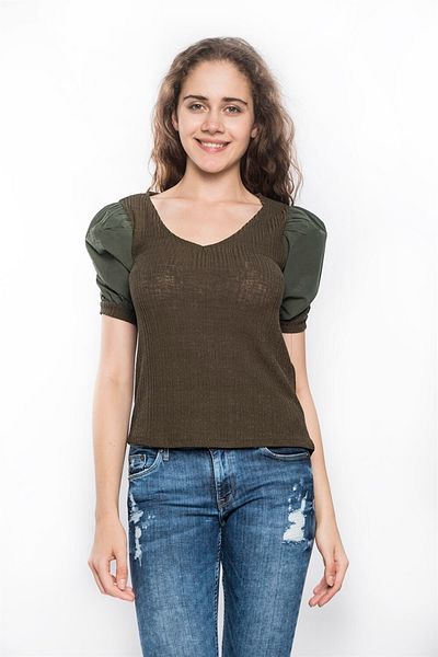 Miss Murem Balloon Sleeve V-Neck Blouse-khaki Green