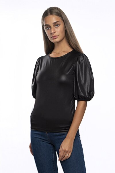 Miss Murem Watermelon Sleeve Leather Blouse-black