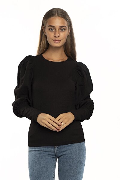 Miss Murem Balloon Sleeve Wrap Blouse-black